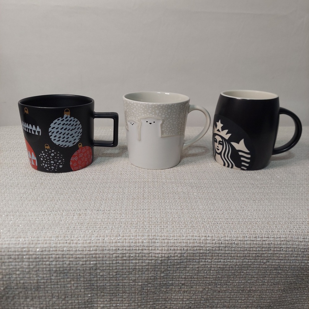 Starbucks Holiday Mug Set 3pc Polar Bear Ornament Siren Matte Black 2011 2016